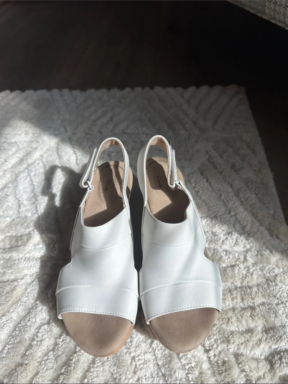 Clarks White Leather Cork Wedge Slingback Sandals